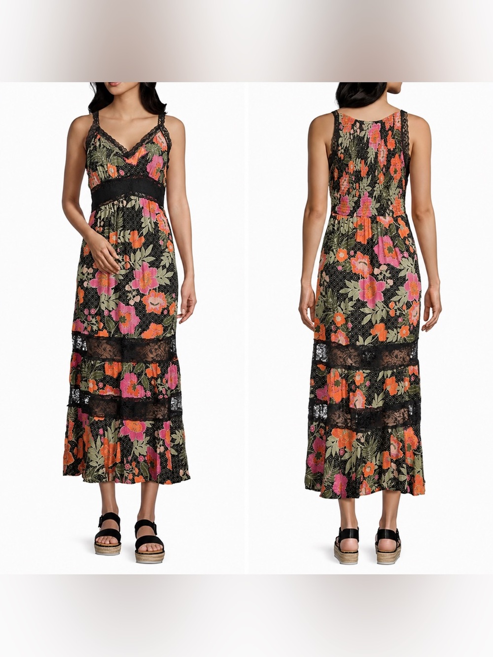 Angie Floral Lace Trim Tiered Midi Dress Size Small NWT Boho